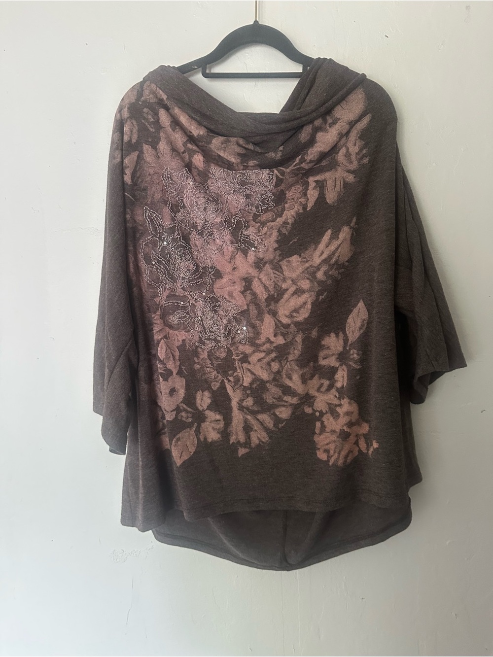 Susan Lawrence Brown Hooded Poncho with Pink Floral Print